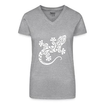 Kleiner süsser Gecko im Tribal Tattoo Style - Bio Frauen T-Shirt mit V-Ausschnitt - Grau meliert - Vorne