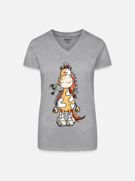 Glückliches Westernpferd - Bio Frauen T-Shirt mit V-Ausschnitt - Grau meliert