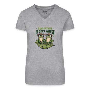 Hang In There It Gets Worse Cartoon Frosch Design - Bio Frauen T-Shirt mit V-Ausschnitt - Grau meliert - Vorne