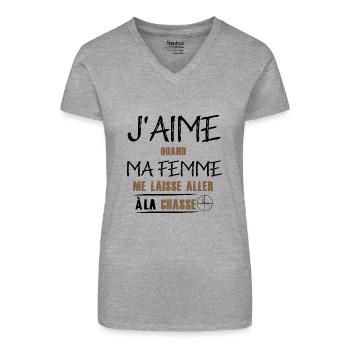 j'aime quand ma femme me laisse aller a la chasse - T-shirt bio col V Femme - gris chiné - Devant