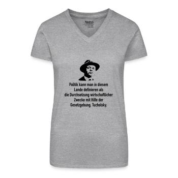 Tucholsky: Politik kann man in diesem Lande defin - Bio Frauen T-Shirt mit V-Ausschnitt - Grau meliert - Vorne