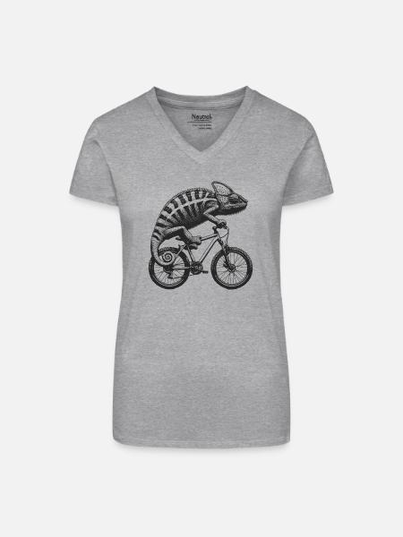 Radfahrendes Chamäleon - Bio Frauen T-Shirt mit V-Ausschnitt - Grau meliert