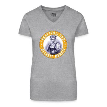 FRAU KRAFTVOLL UND ALLZEIT BEREIT - Bio Frauen T-Shirt mit V-Ausschnitt - Grau meliert - Vorne