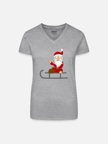 Weihnachtsmann auf dem Schlitten - Bio Frauen T-Shirt mit V-Ausschnitt - Grau meliert