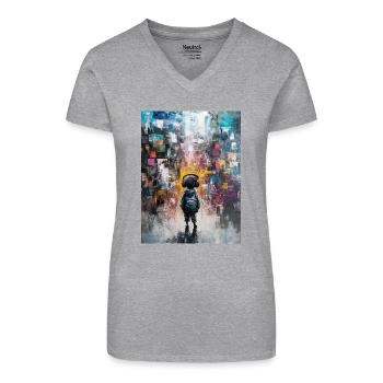 Child with headphones looking at the abstract - Organic Women's V-Neck T-Shirt - heather grey - Front