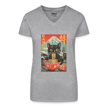 Vintage Anime Katze Ramen Japan - Bio Frauen T-Shirt mit V-Ausschnitt - Grau meliert - Vorne