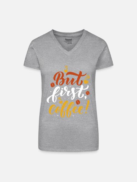 But first Coffee - Bio Frauen T-Shirt mit V-Ausschnitt - Grau meliert