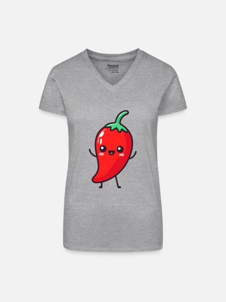 Glücklicher Peperoni - Bio Frauen T-Shirt mit V-Ausschnitt - Grau meliert