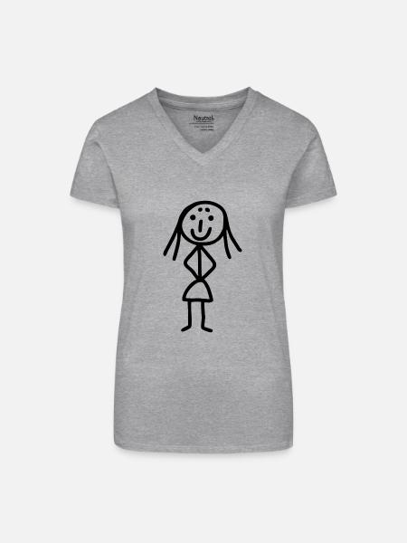 Funny Strichmännchen Frau - Bio Frauen T-Shirt mit V-Ausschnitt - Grau meliert