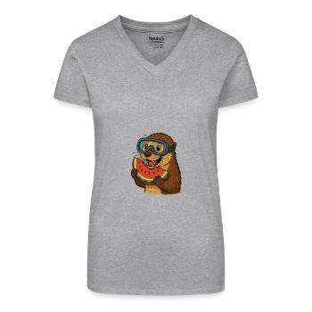 Loutre à la pastèque - T-shirt bio col V Femme - gris chiné - Devant