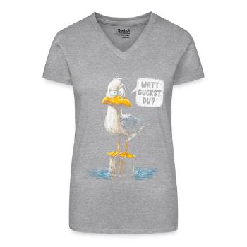 Watt guckst du? Lustige Möwe – Küstenhumor - Bio Frauen T-Shirt mit V-Ausschnitt - Schwarz - Vorne