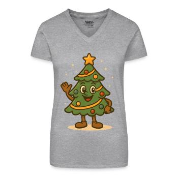 Fun Christmas Tree Cartoon Waving Design - Organic Women's V-Neck T-Shirt - black - Front