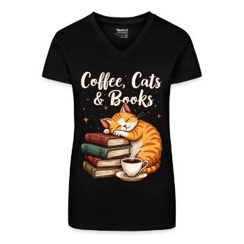 Café, Chat, Livre et lecture, Amateur de café - T-shirt bio col V Femme - noir - Devant