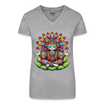 Hippie Katze 70er Jahre 1970er 60er Jahre Party - Bio Frauen T-Shirt mit V-Ausschnitt - Schwarz - Vorne