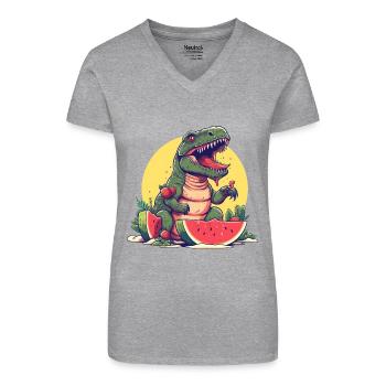 Dino T-Rex au melon et fraise - Sunset Design - T-shirt bio col V Femme - noir - Devant