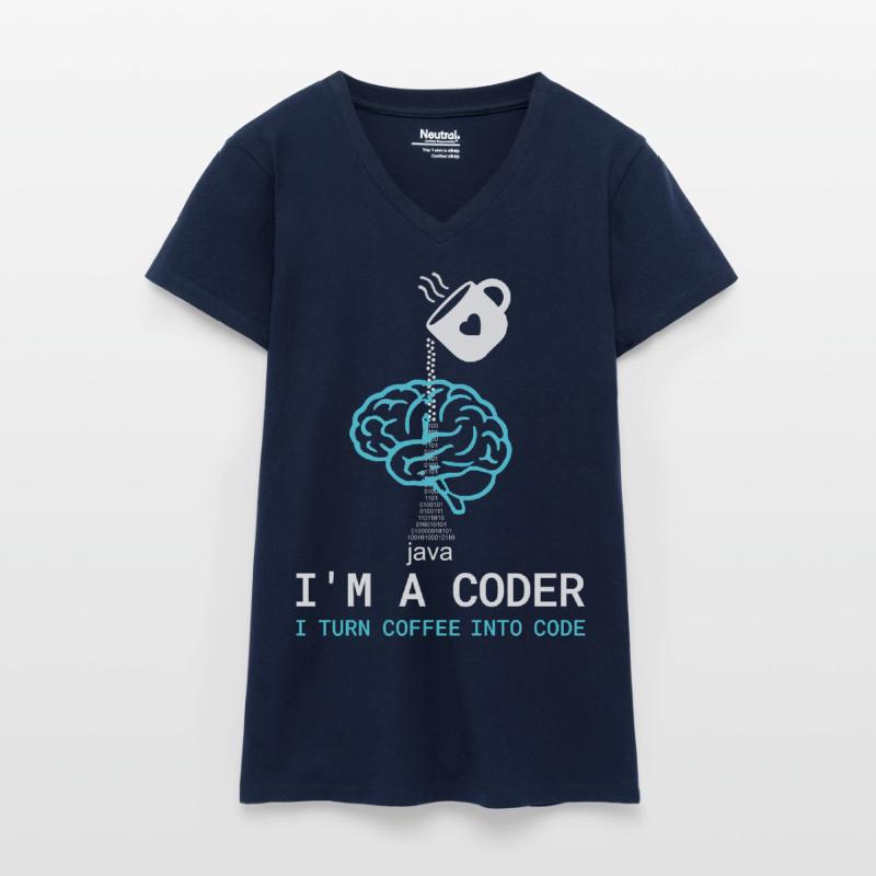 T-shirt Coder : Du café dans le code – Nerdy Programmie T-shirt bio col V Femme