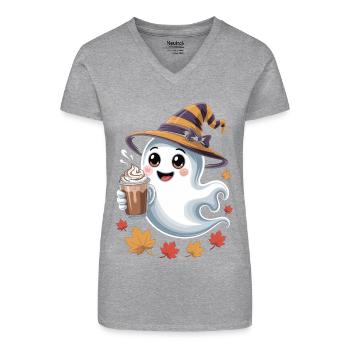 Süßes Halloween Geist Shirt mit Kaffee - Bio Frauen T-Shirt mit V-Ausschnitt - Schwarz - Vorne
