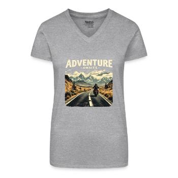 Adventure Awaits Motorrad Motorradfahrer Motorrad - Bio Frauen T-Shirt mit V-Ausschnitt - Schwarz - Vorne