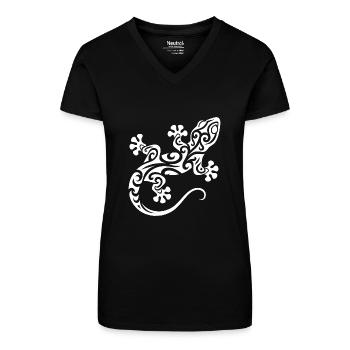 Kleiner süsser Gecko im Tribal Tattoo Style - Bio Frauen T-Shirt mit V-Ausschnitt - Schwarz - Vorne