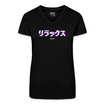 Relax Japanese Text Kanji Vaporwave - Bio Frauen T-Shirt mit V-Ausschnitt - Schwarz - Vorne