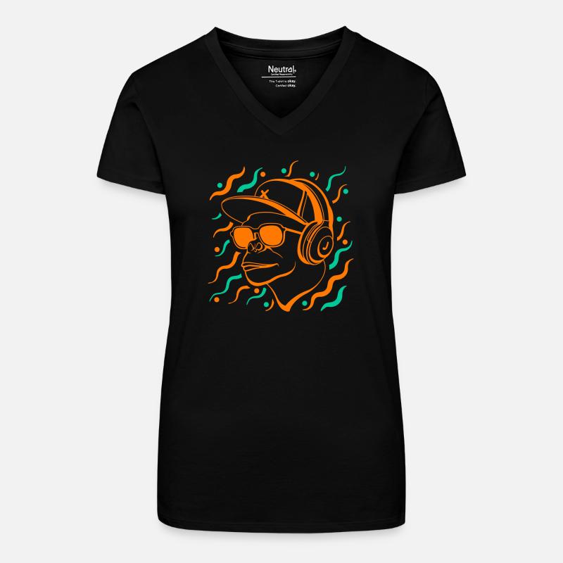 Coole Affe mit Kopfhörern - Bio Frauen T-Shirt mit V-Ausschnitt - Schwarz