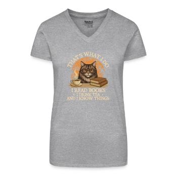 Das tue ich, ich lese Bücher, trinke Tee, weiß was. - Bio Frauen T-Shirt mit V-Ausschnitt - Schwarz - Vorne