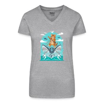 Kätzchen auf Haiabenteuer - Bio Frauen T-Shirt mit V-Ausschnitt - Schwarz - Vorne