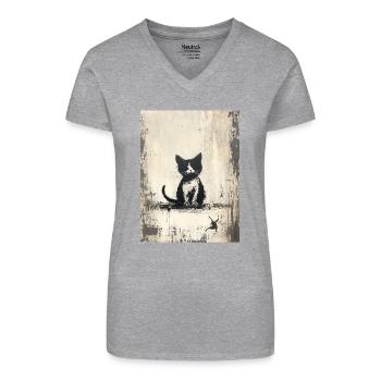 Toile de dessin de silhouette de chat - Style Banksy - T-shirt bio col V Femme - noir - Devant