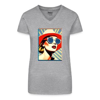 Pop Art Woman Sun Hat Sunglasses Portrait Fashion - Organic Women's V-Neck T-Shirt - black - Front