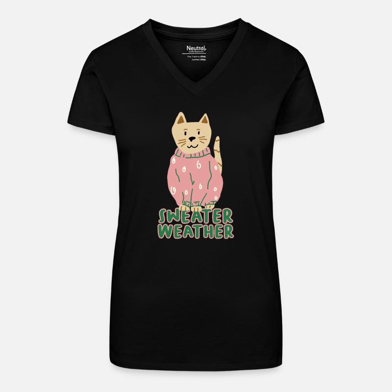 Chat en pull rose – Temps de pull - T-shirt bio col V Femme - noir