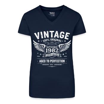 Né en Septembre 1982 - T-shirt bio col V Femme - bleu foncé - Devant