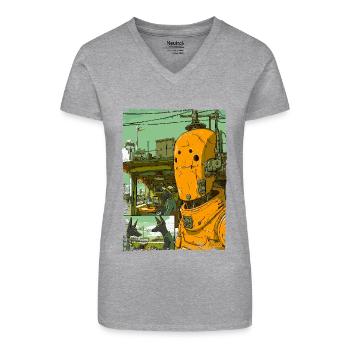 Cartoon of a sci-fi dystopia with robot - Organic Women's V-Neck T-Shirt - black - Front