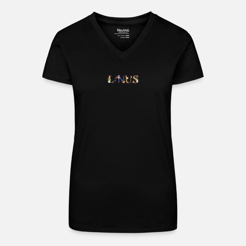 Le nom de LINUS est décoré de fleurs - T-shirt bio col V Femme - noir