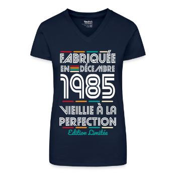 Anniversaire 40 ans - Fabriquée en Décembre 1985 - T-shirt bio col V Femme - bleu foncé - Devant