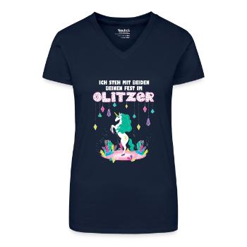 Ich steh mit beiden Beinen fest im Glitzer Einhorn - Bio Frauen T-Shirt mit V-Ausschnitt - Dunkelblau - Vorne