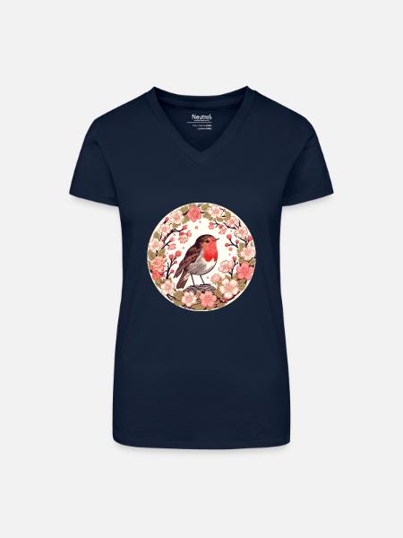 Kirschblüten-Rotkehlchen - Bio Frauen T-Shirt mit V-Ausschnitt - Dunkelblau