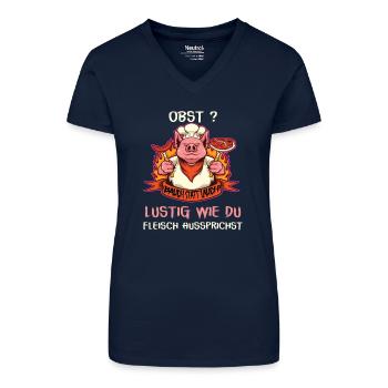 Witziges Schwein mit Fleischspruch - Bio Frauen T-Shirt mit V-Ausschnitt - Dunkelblau - Vorne