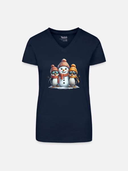 Winterfreunde: Pinguine & Schneemann - Bio Frauen T-Shirt mit V-Ausschnitt - Dunkelblau