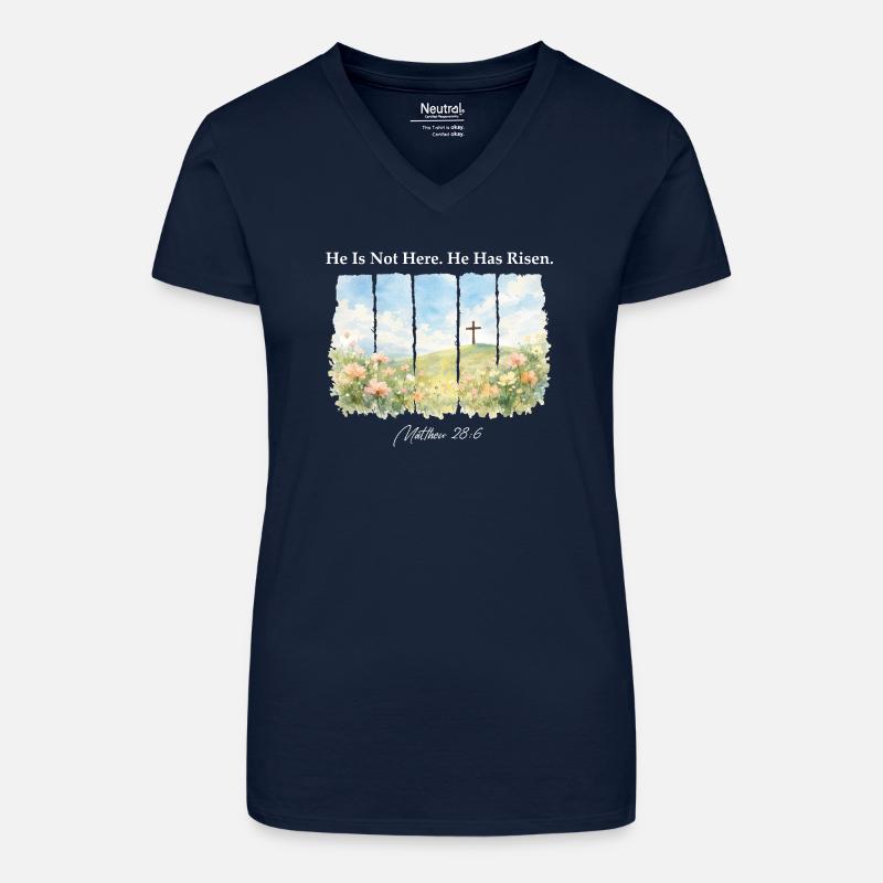 He Has Risen Matthew 28 6 Easter Christian - Organic Women's V-Neck T-Shirt - navy blue