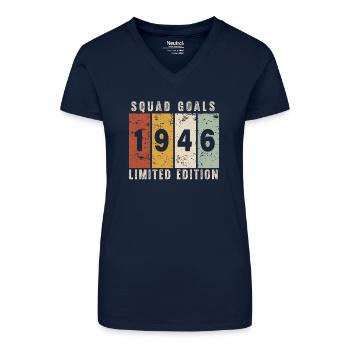 anniversaire 1946 - 80 ans - T-shirt bio col V Femme - bleu foncé - Devant
