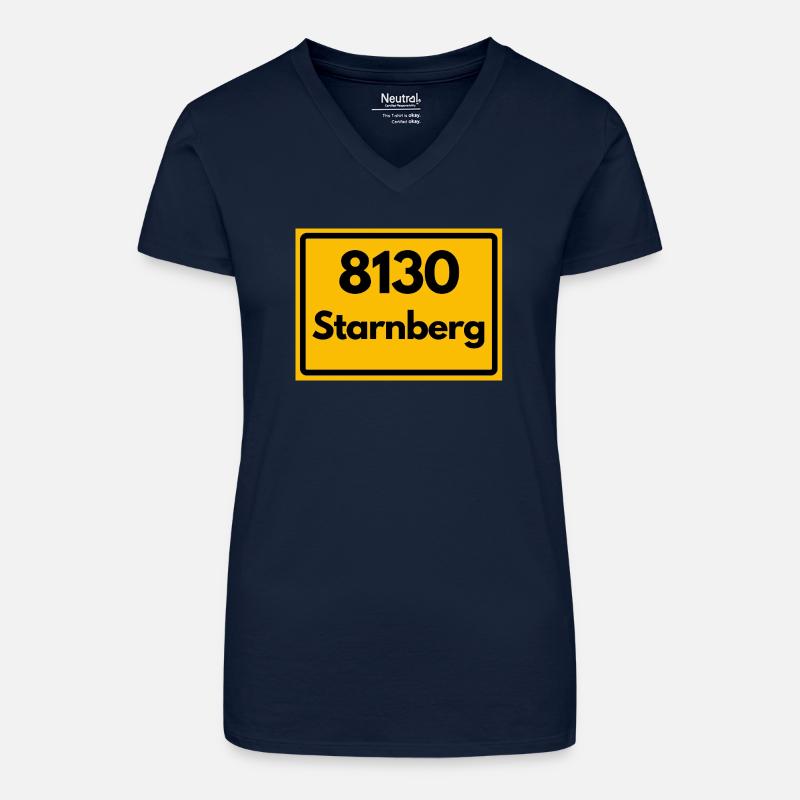 OLD POSTCODE POSTCODE RETRO 8130 STARNBERG HEIMAT - Organic Women's V-Neck T-Shirt - navy blue