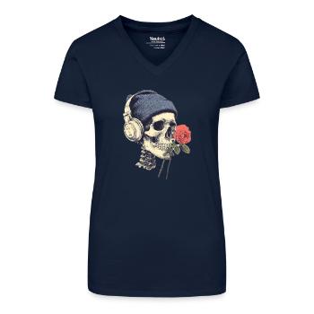 Skull mit Kopfhörern und Rose - Bio Frauen T-Shirt mit V-Ausschnitt - Dunkelblau - Vorne