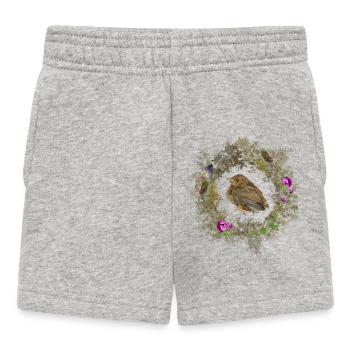 Rotkehlchen mit zarten Blüten und Bläulingen - Baby Shorts - Grau meliert - Vorne