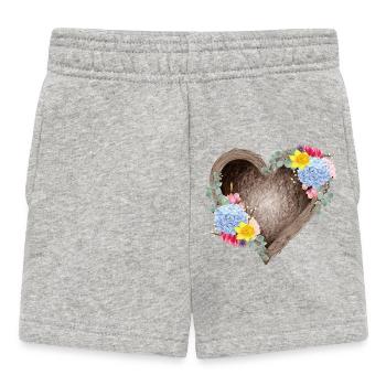 Herzförmiges Vogelnest mit Frühlingsblüten - Baby Shorts - Grau meliert - Vorne