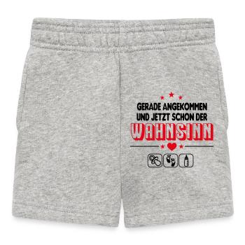 Gerade angekommen Wahnsinn Babysprüche Strampler - Baby Shorts - Grau meliert - Vorne