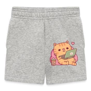 Cute Chill Tabby Cat With Laptop And Bubble Tea - Baby Shorts - heather grey - Front