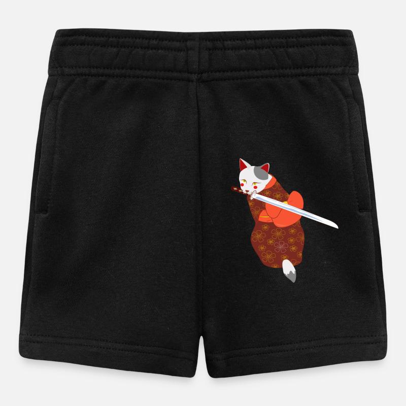 cat in kimono biting sword - Baby Shorts - black