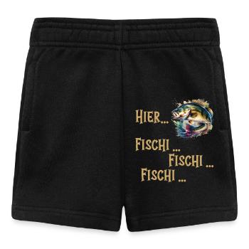 Angler HIER FISCHI FISCHI FISCHI Lustiges Angeln - Baby Shorts - Schwarz - Vorne