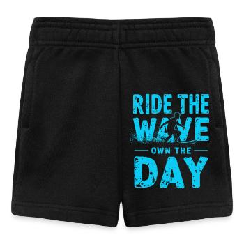 Surfer Ride the Wave – Own the Day Spruch - Baby Shorts - Schwarz - Vorne