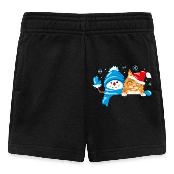 Peeking waving snowman and cute ginger cat - Baby Shorts - black - Front